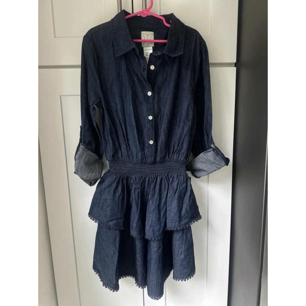 Ella Moss Girls Size 14 Chambray Denim Dress Tiered Ruffle 0339 NWT
